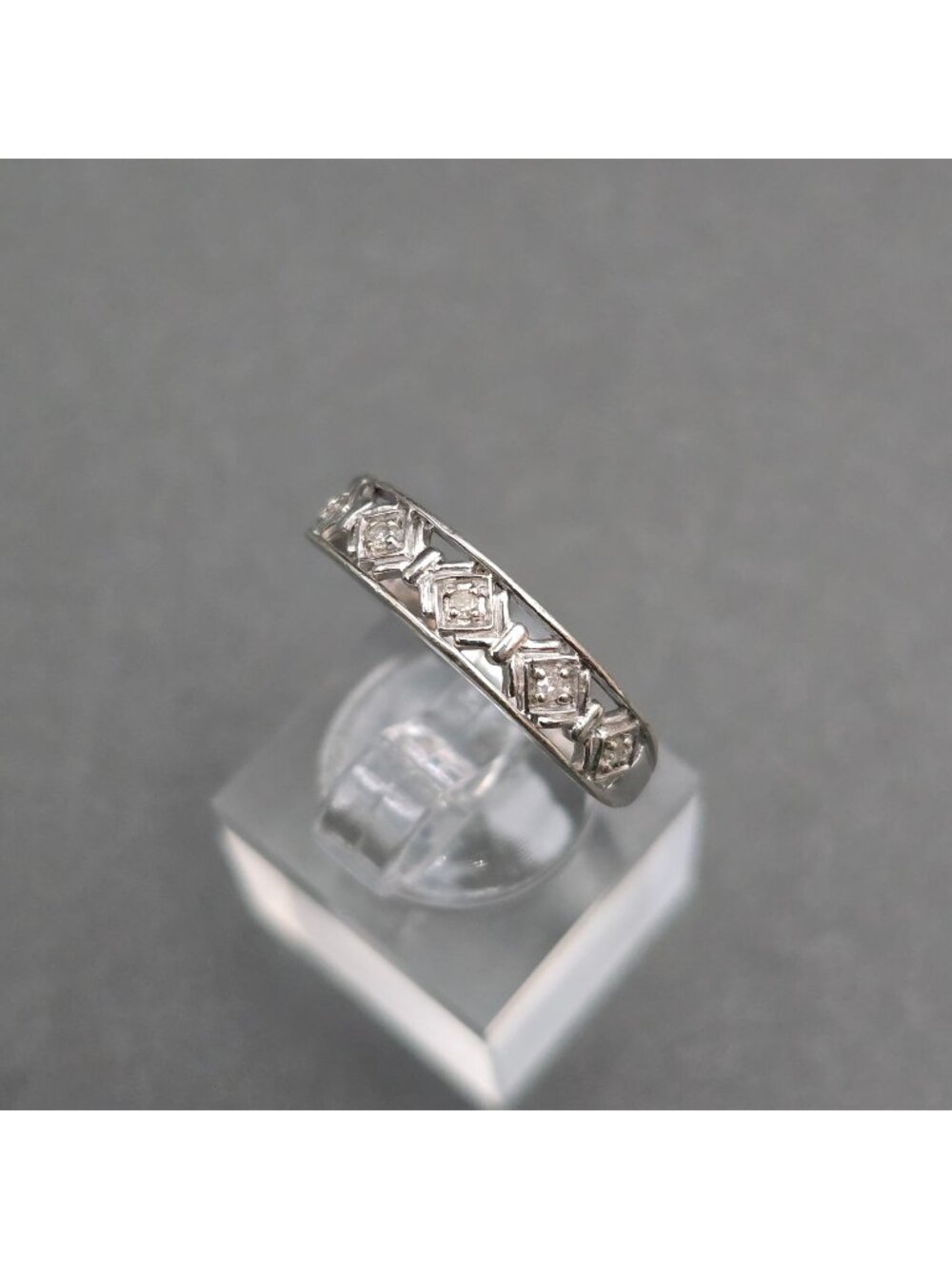 Vintage Sterling Silver White Topaz Ring Size 8 Geometric Openwork Lattice Band